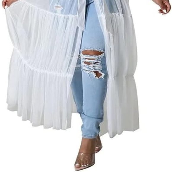 New White Mesh See-Through Shirt Long Dress with Belt V Neck Button Down - Picture 2 of 8